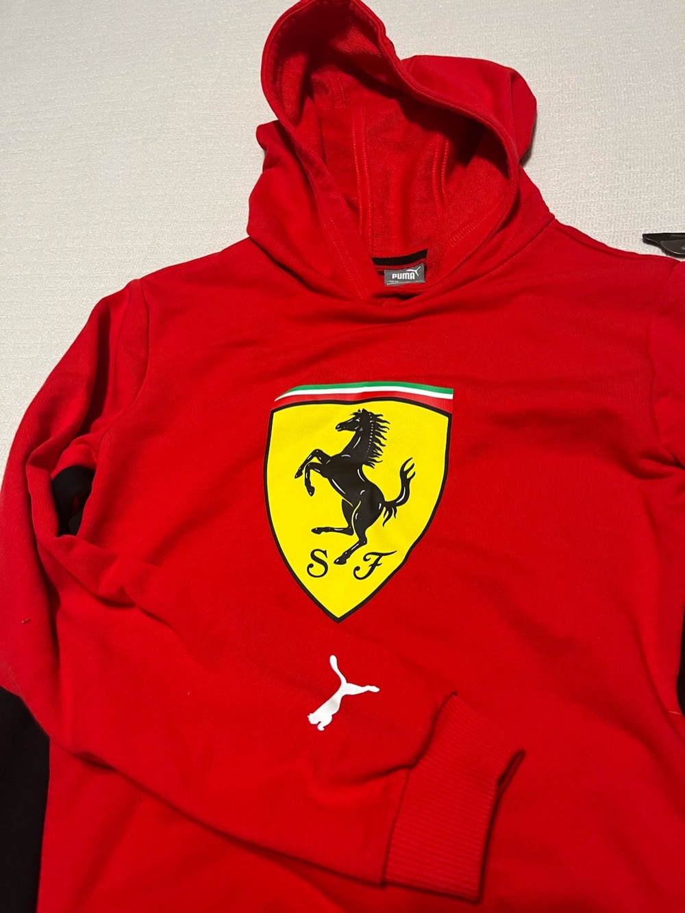 Puma Red Hoodie with Yellow Shield Logo and Black Panels